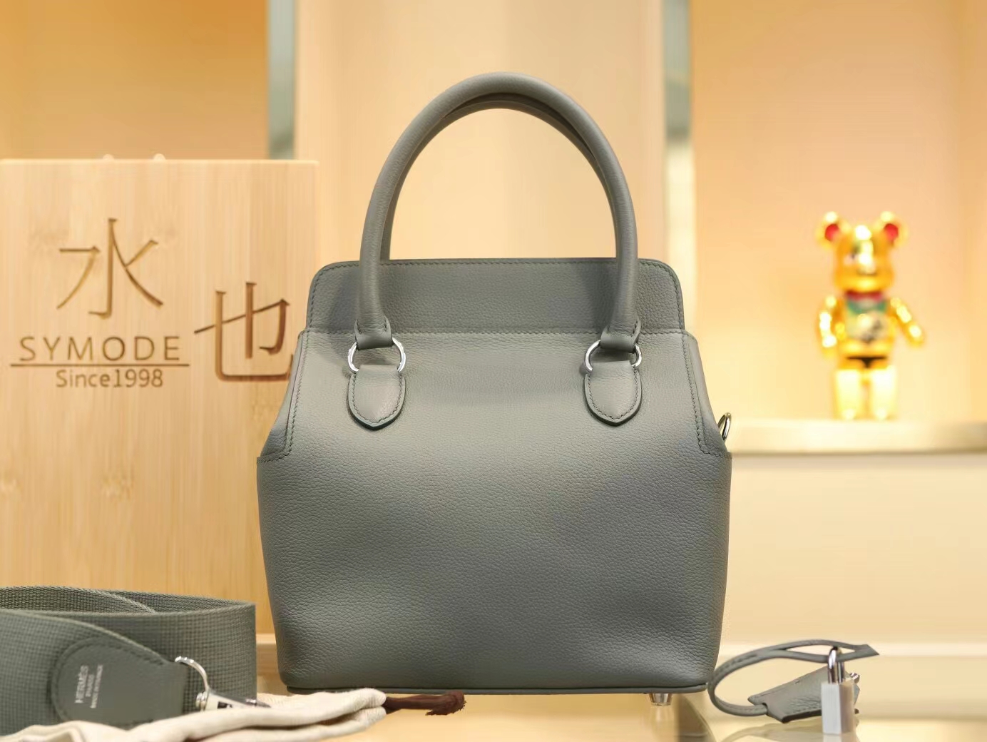 爱马仕女包定制 Hermes 63杏仁绿Evercolor小牛皮牛奶盒包Toolbox20CM