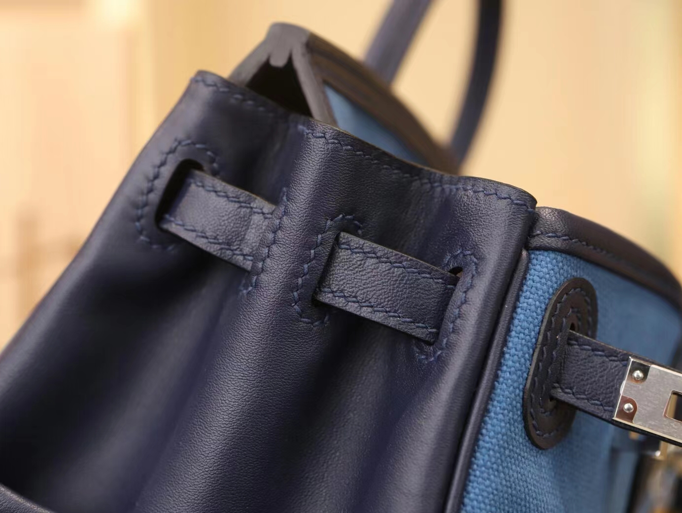 Hermes Birkin Cargo25CM 爱马仕深蓝牛皮拼海水蓝Toile Goeland帆布
