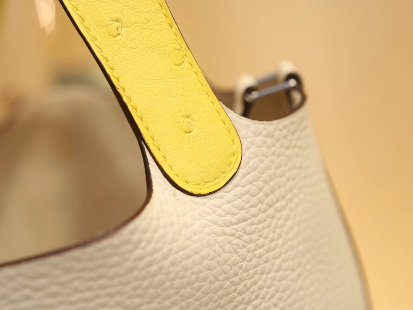 Hermes Picotin Touch18CM 爱马仕i2奶油白拼9r柠檬黄鸵鸟皮手柄菜篮子包