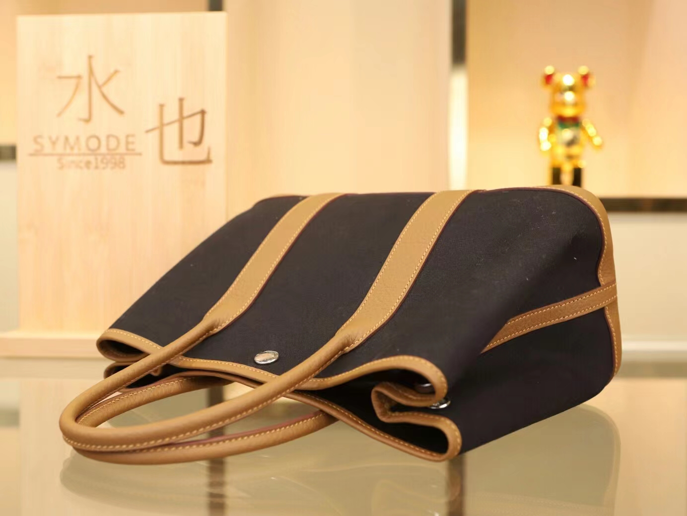 Hermes Garden Party30cm 爱马仕黑色帆布拼栗子色牛皮花园包 银扣
