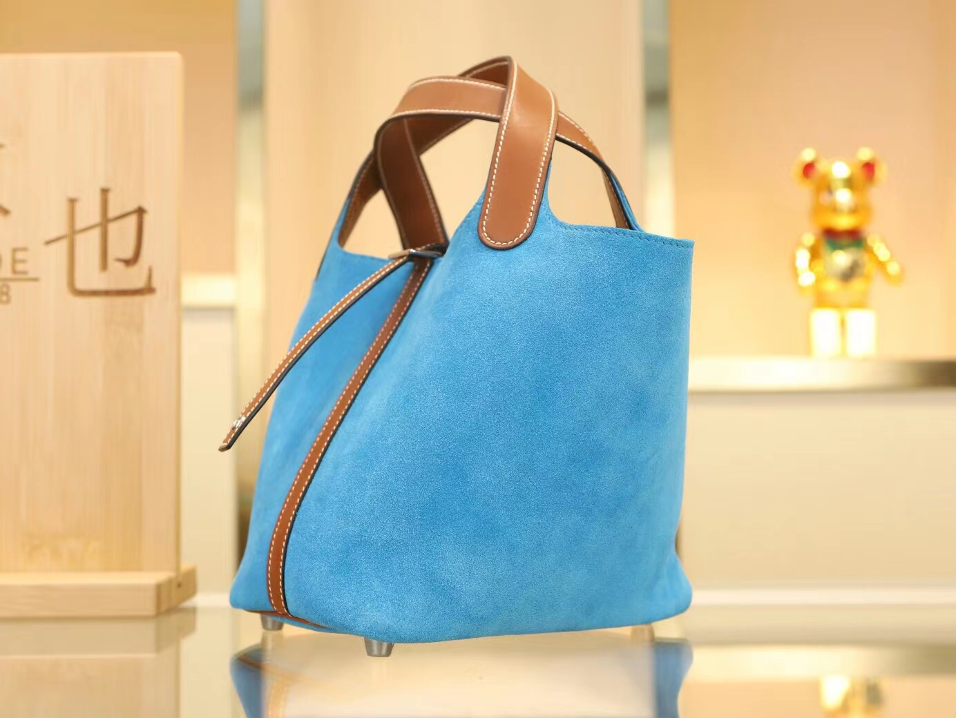 Hermes爱马仕3P Blue atoll环礁蓝麂皮拼金棕马鞍皮菜篮子Picotin Lock18/22CM