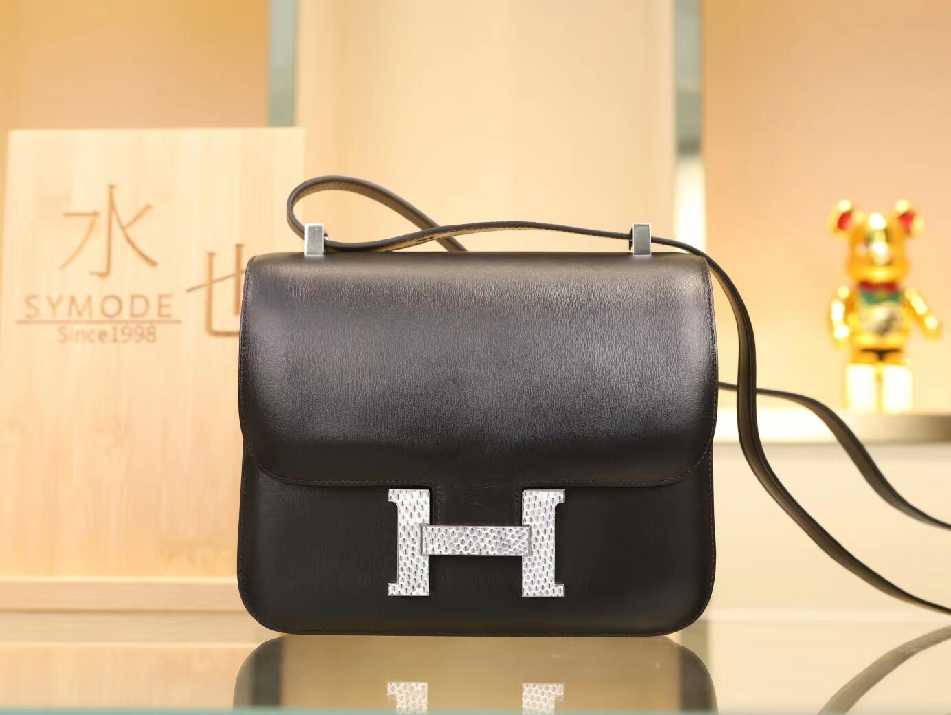 Hermes Constance24CM 爱马仕89黑色Box皮拼雪花蜥蜴扣康斯坦包