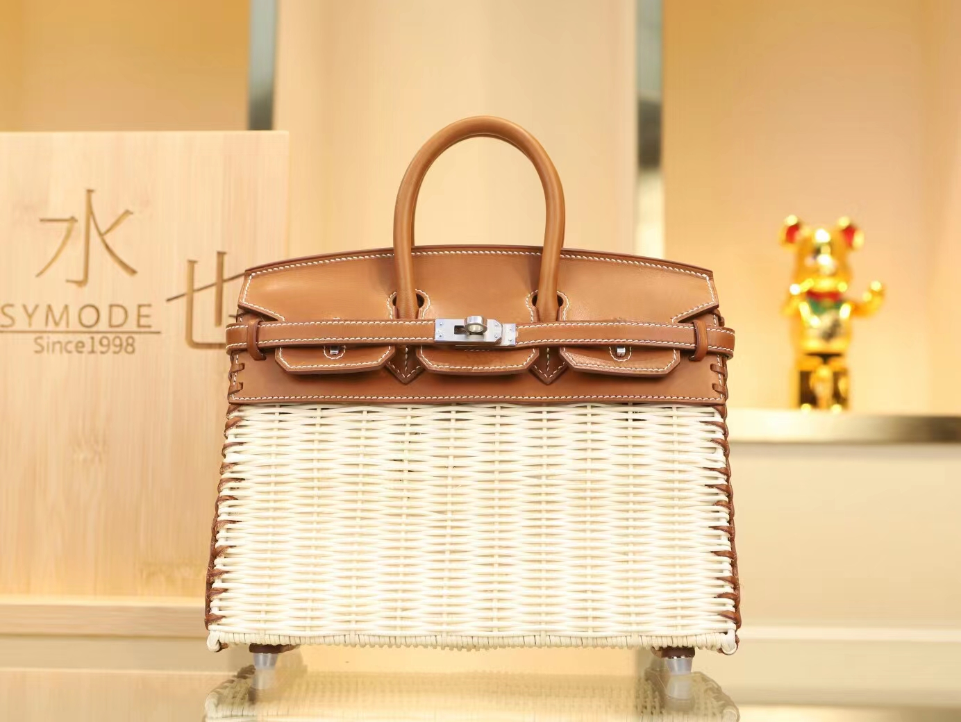 爱马仕铂金包野餐系列 Hermes金棕色马鞍皮拼编织藤条Picnic Birkin25CM