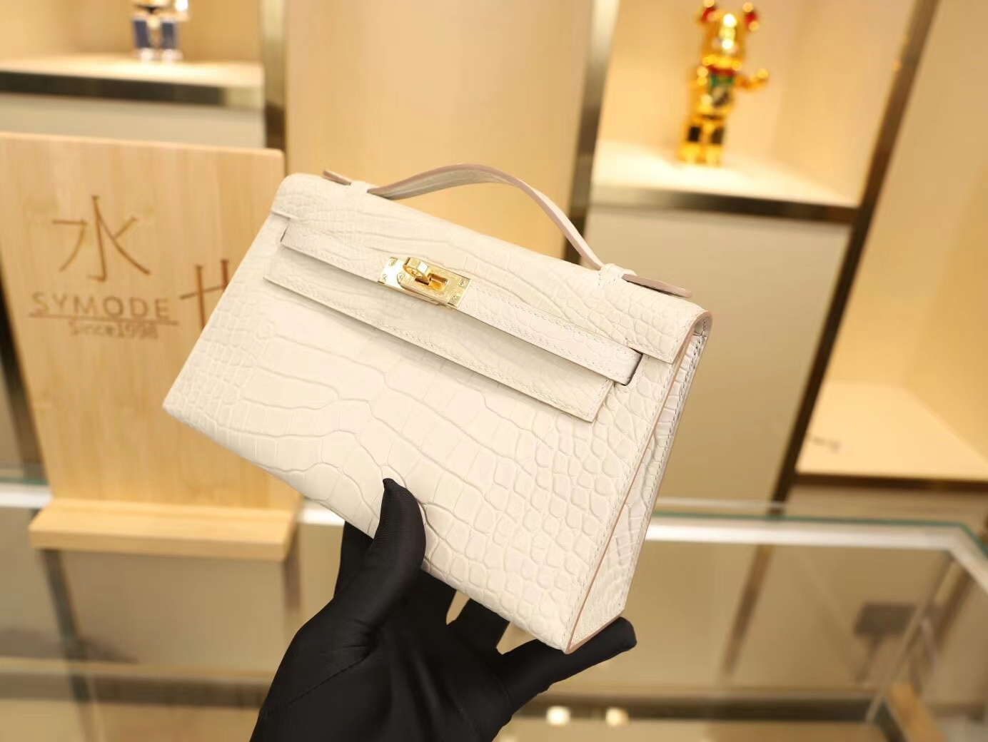 爱马仕Hermes Mini Kelly22CM 8L冰川白雾面方块鳄鱼皮一代迷你凯莉包