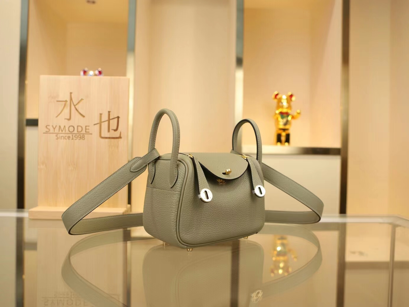 Hermes包包官网 爱马仕Q1绿豆灰TC牛皮迷你琳迪包Mini Lindy19CM