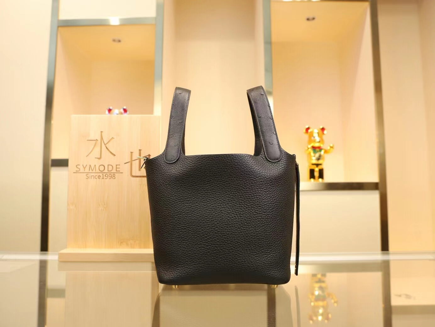 Hermes Picotin Lock18CM 爱马仕鸵鸟皮手柄拼Togo牛皮水桶包 金扣