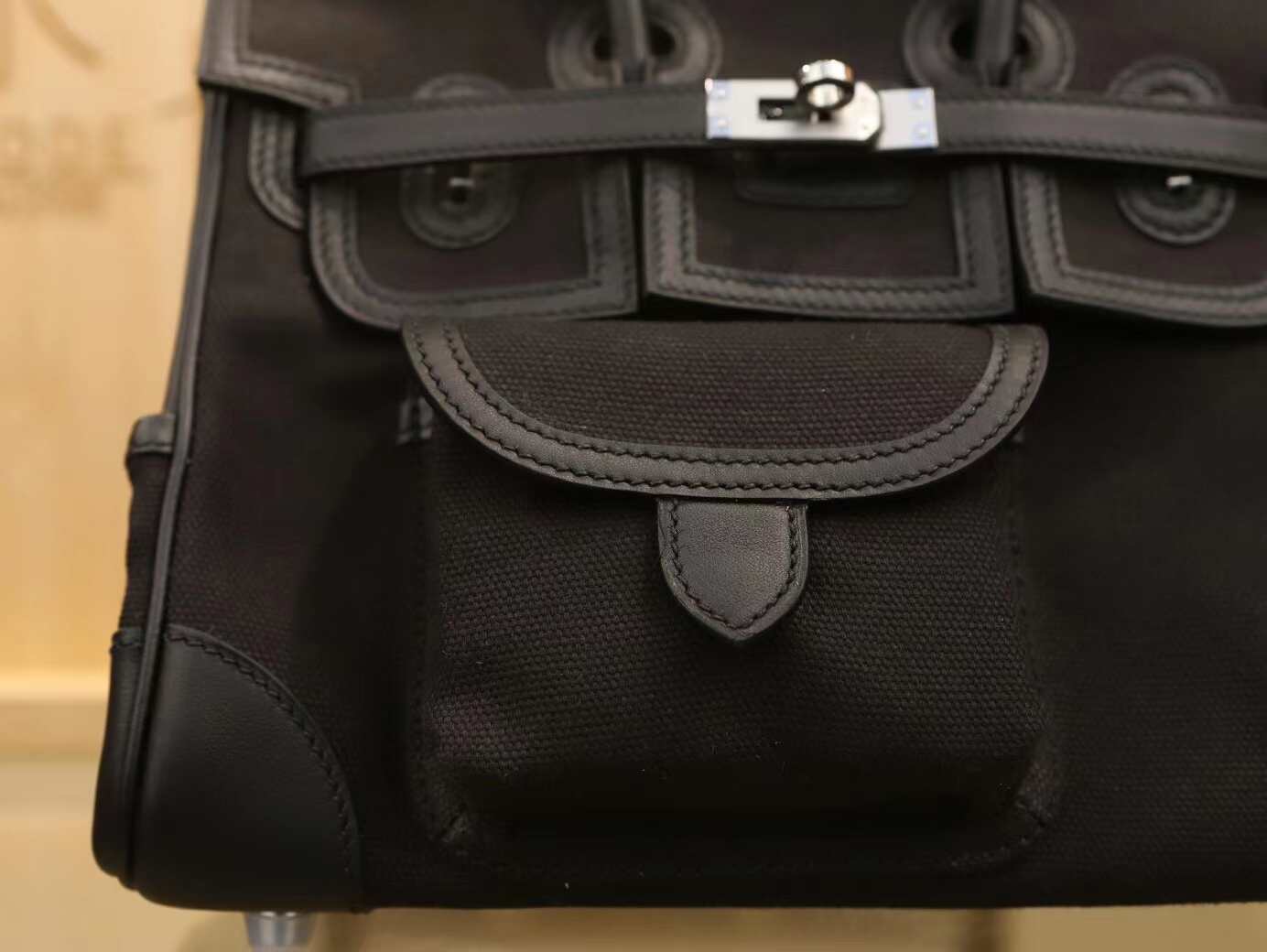 Hermes新款包包 爱马仕89黑色Toile Goeland帆布Birkin Cargo25CM