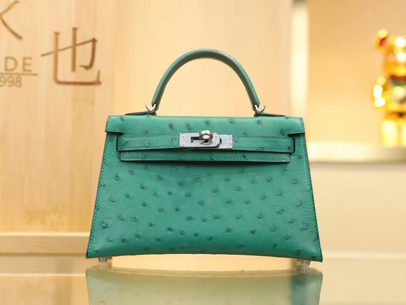 Hermes爱马仕U4丝绒绿鸵鸟皮二代迷你凯莉包mini kelly 2代 银扣