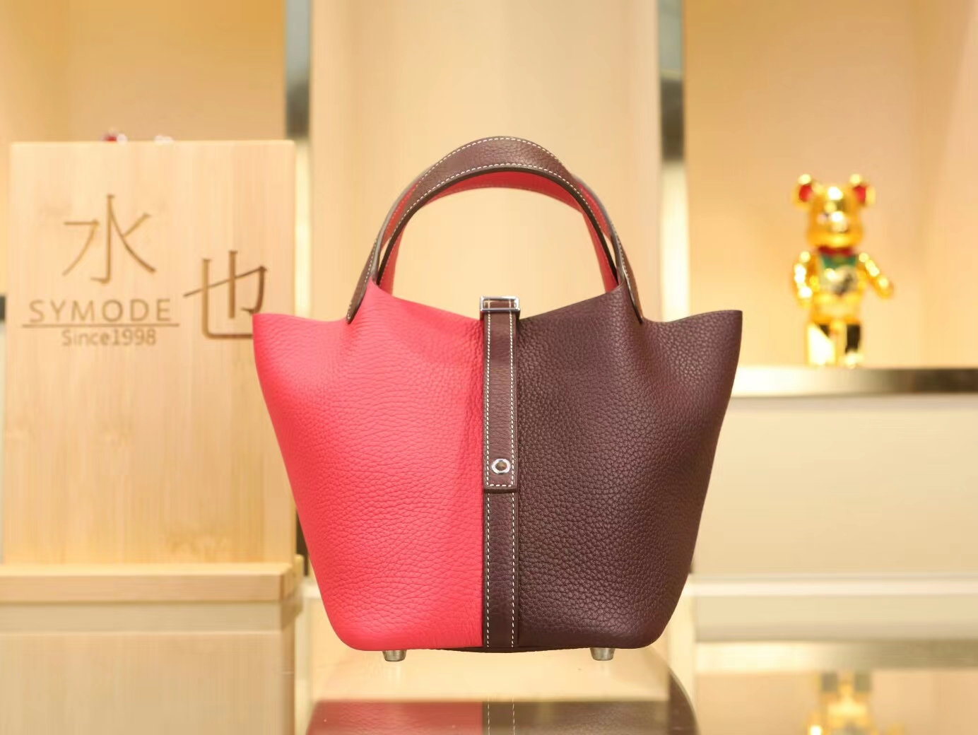 Hermes Picotin Lock18CM 爱马仕马鞍红对拼树莓粉菜篮子包水桶包