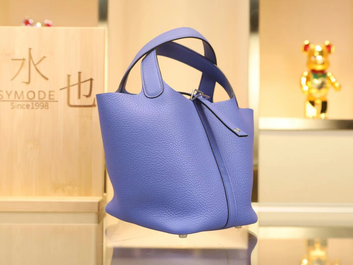 爱马仕Hermes 7E明蓝色TC牛皮Picotin Lock18/22CM菜篮子包水桶包 银扣