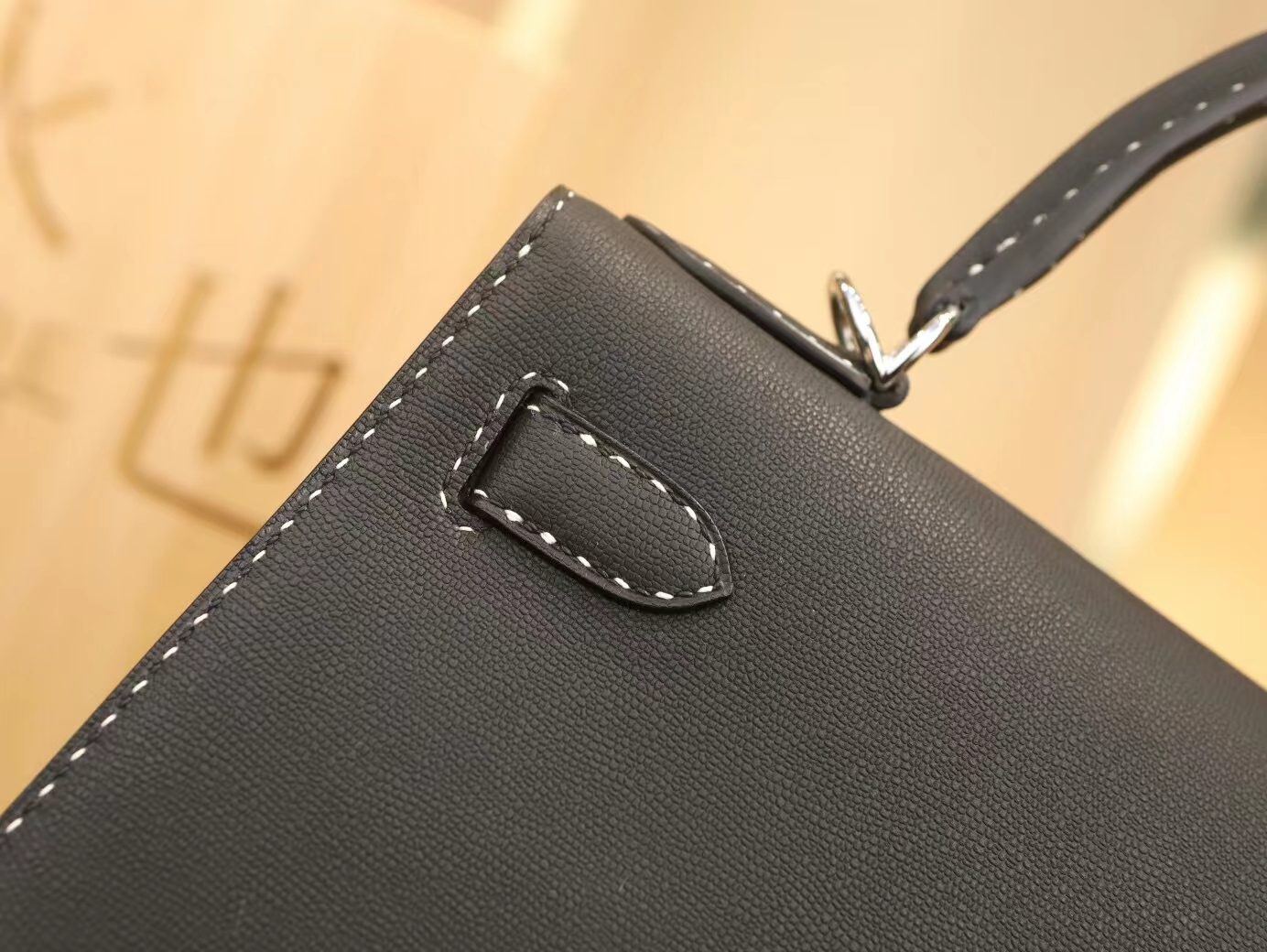 爱马仕89黑色Hermes Kelly28CM Graine Monsieur皮黑白间隔线凯莉包