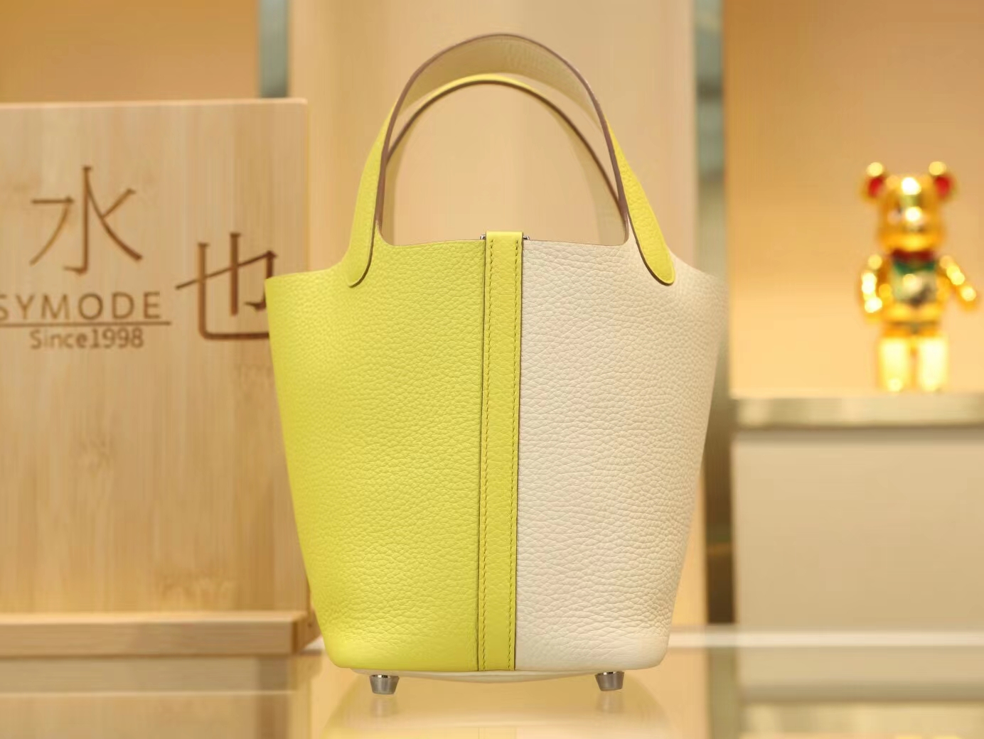 爱马仕菜篮子水桶包 Hermes Picotin Lock18CM 奶油白对拼糖果黄 银扣