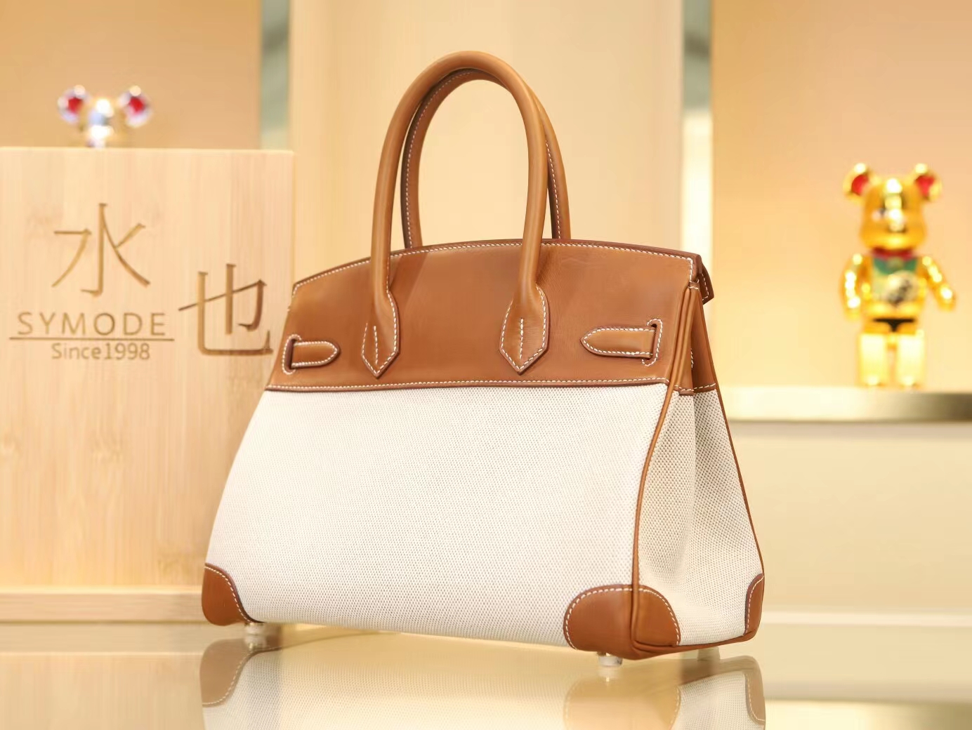Hermes Birkin30CM 爱马仕帆布拼金棕色马鞍皮铂金包手提女包 金扣