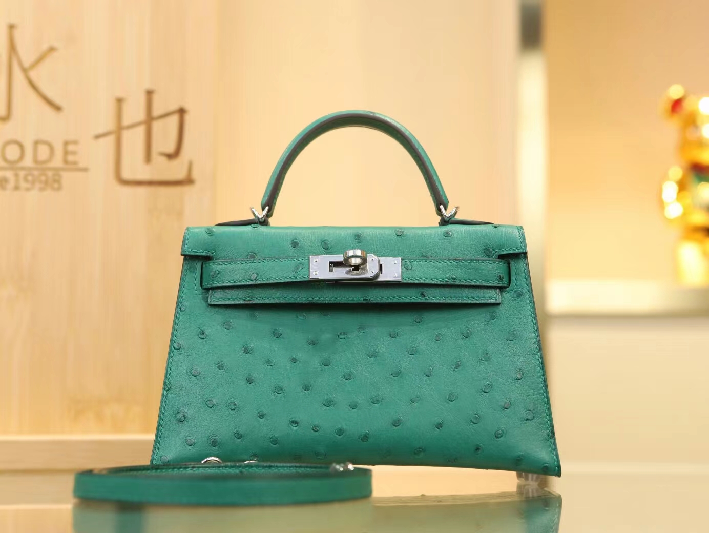 Hermes爱马仕U4丝绒绿鸵鸟皮二代迷你凯莉包mini kelly 2代 银扣