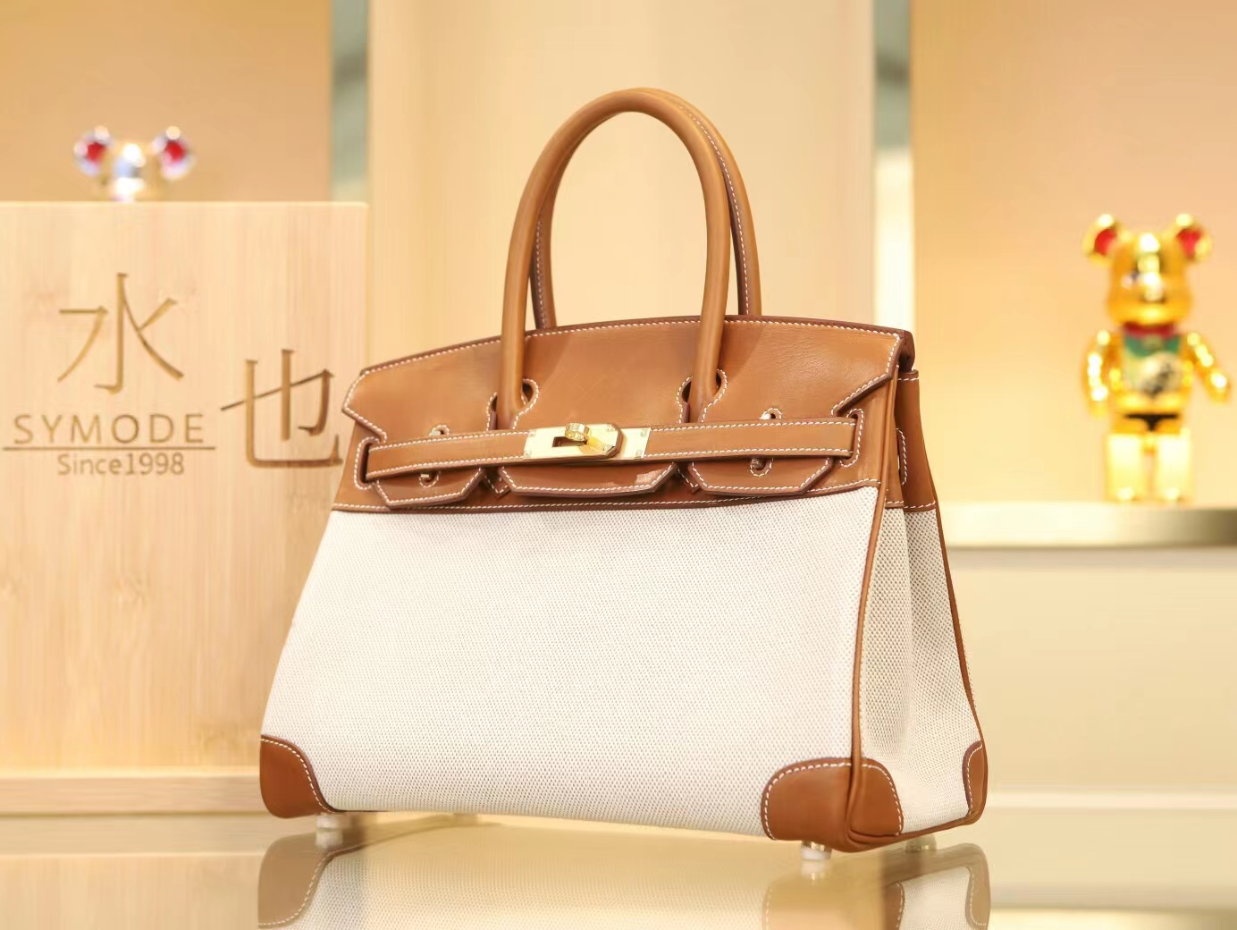 Hermes Birkin30CM 爱马仕帆布拼金棕色马鞍皮铂金包手提女包 金扣
