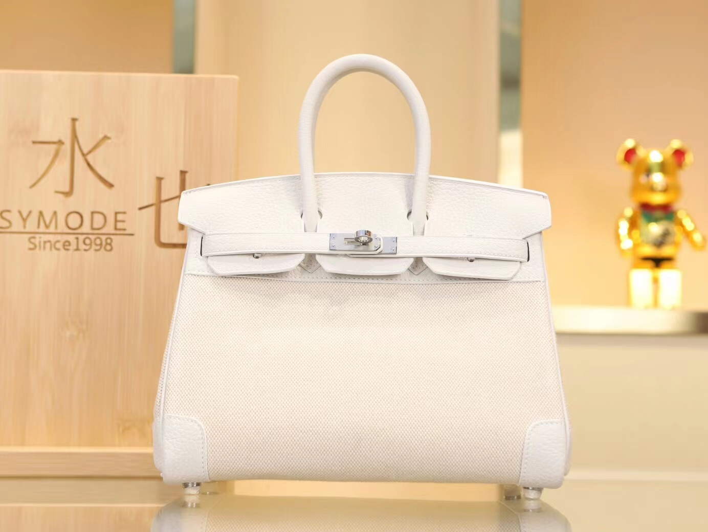 爱马仕女包 Hermes纯白色Togo牛皮拼帆布铂金包Birkin25CM 银扣