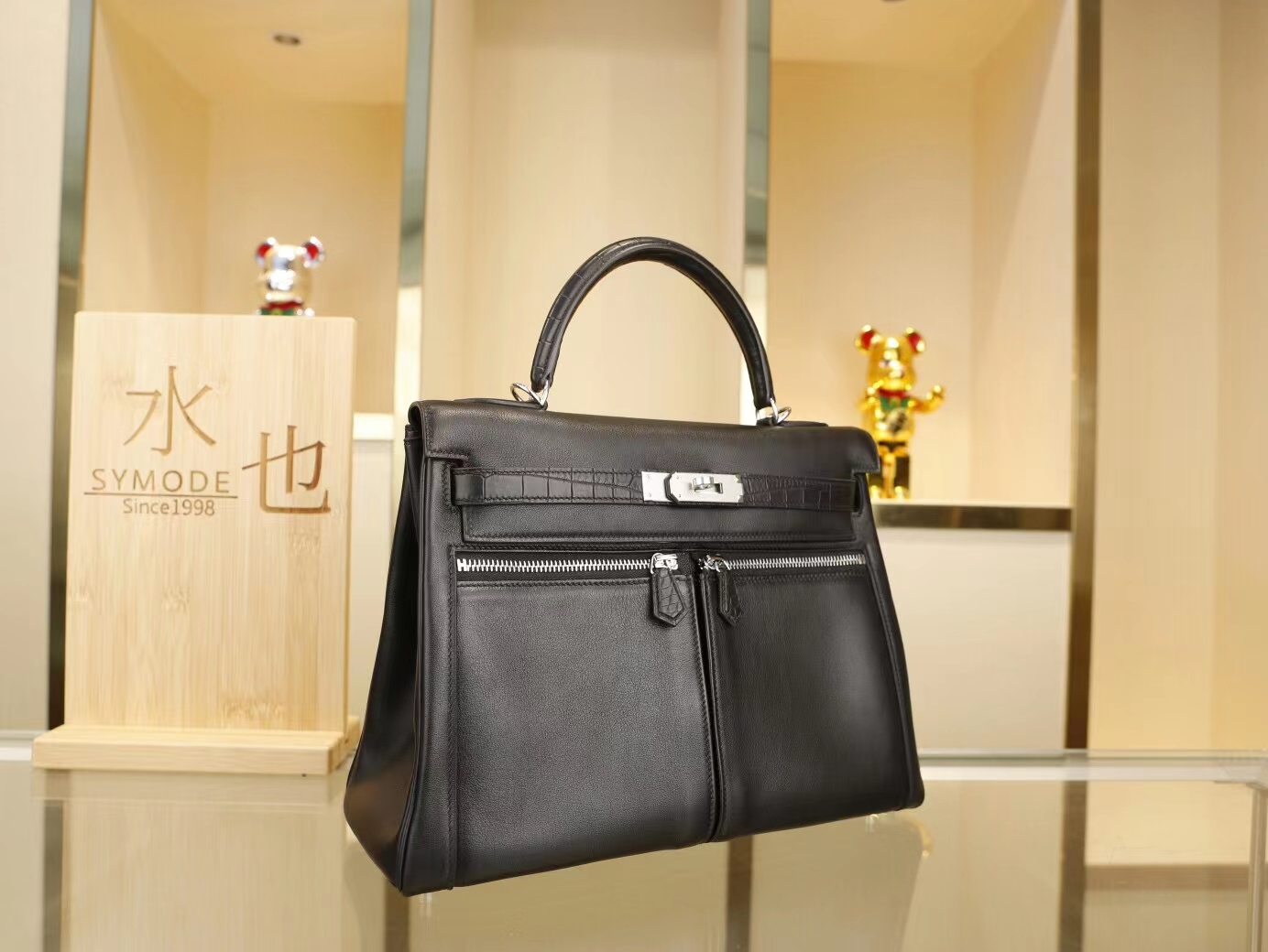 Hermes Kelly Lakis32CM 爱马仕Swift小牛皮拼雾面鳄鱼皮凯莉包 银扣