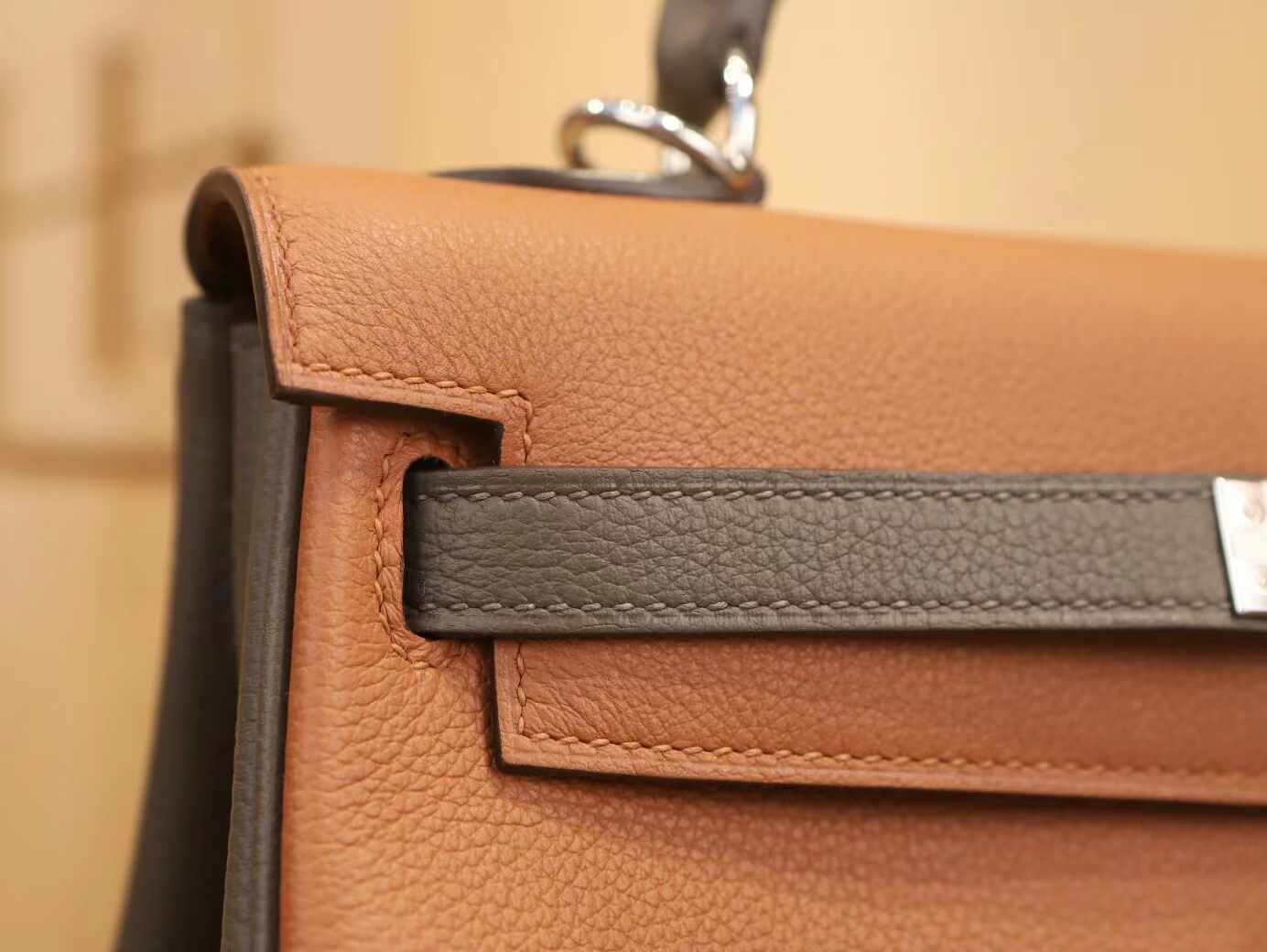 Hermes Kelly25CM 爱马仕金棕色拼8F锡器灰Evercolor皮拼色凯莉包