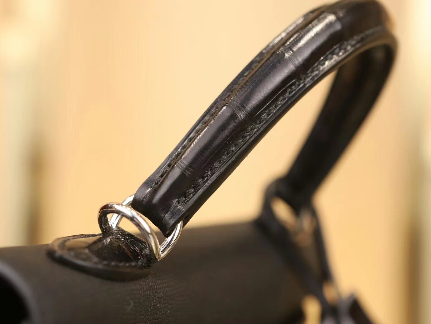 Hermes Kelly Touch25CM 爱马仕黑色Madame皮拼亮面鳄鱼皮凯莉包 银扣