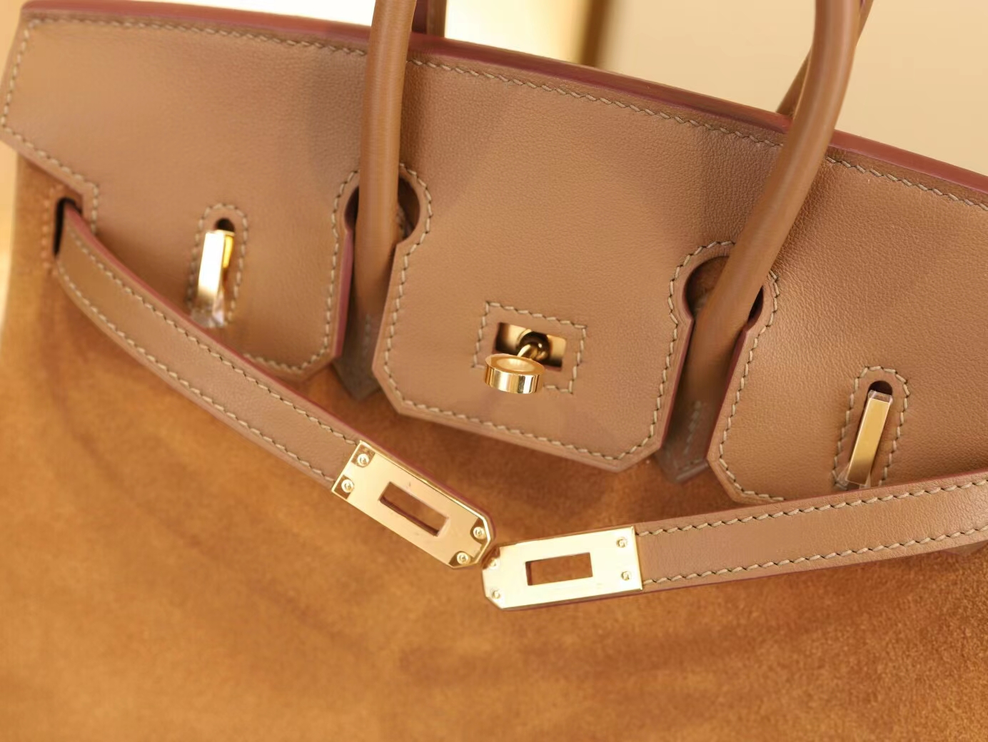 爱马仕新款铂金包 Hermes Swift皮拼grizzly麂皮3g栗子色 Birkin25CM