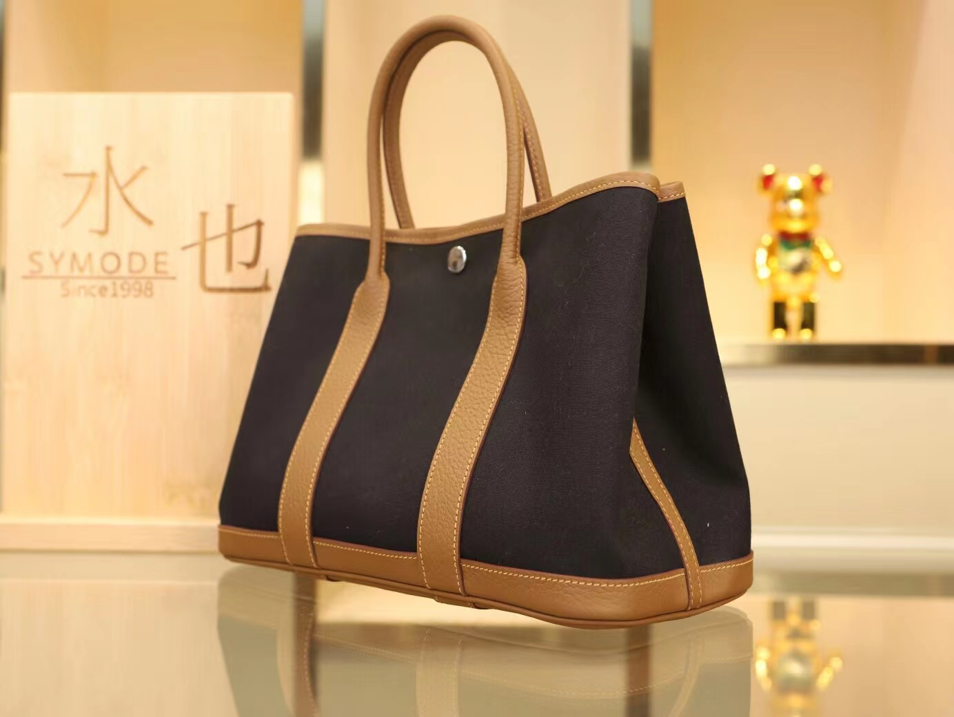 Hermes Garden Party30cm 爱马仕黑色帆布拼栗子色牛皮花园包 银扣