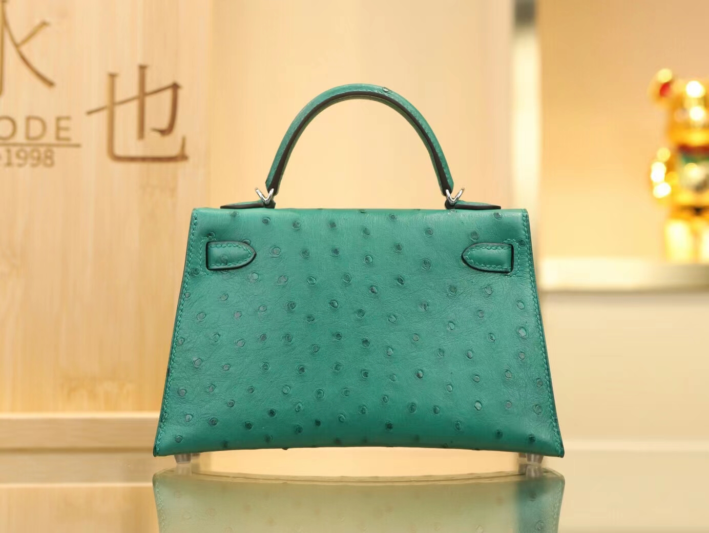 Hermes爱马仕U4丝绒绿鸵鸟皮二代迷你凯莉包mini kelly 2代 银扣