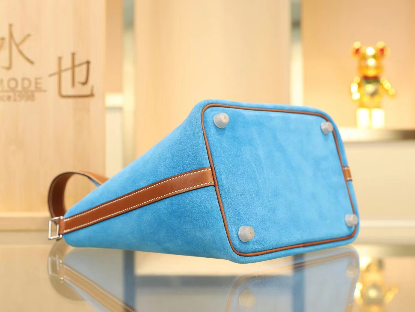 Hermes爱马仕3P Blue atoll环礁蓝麂皮拼金棕马鞍皮菜篮子Picotin Lock18/22CM