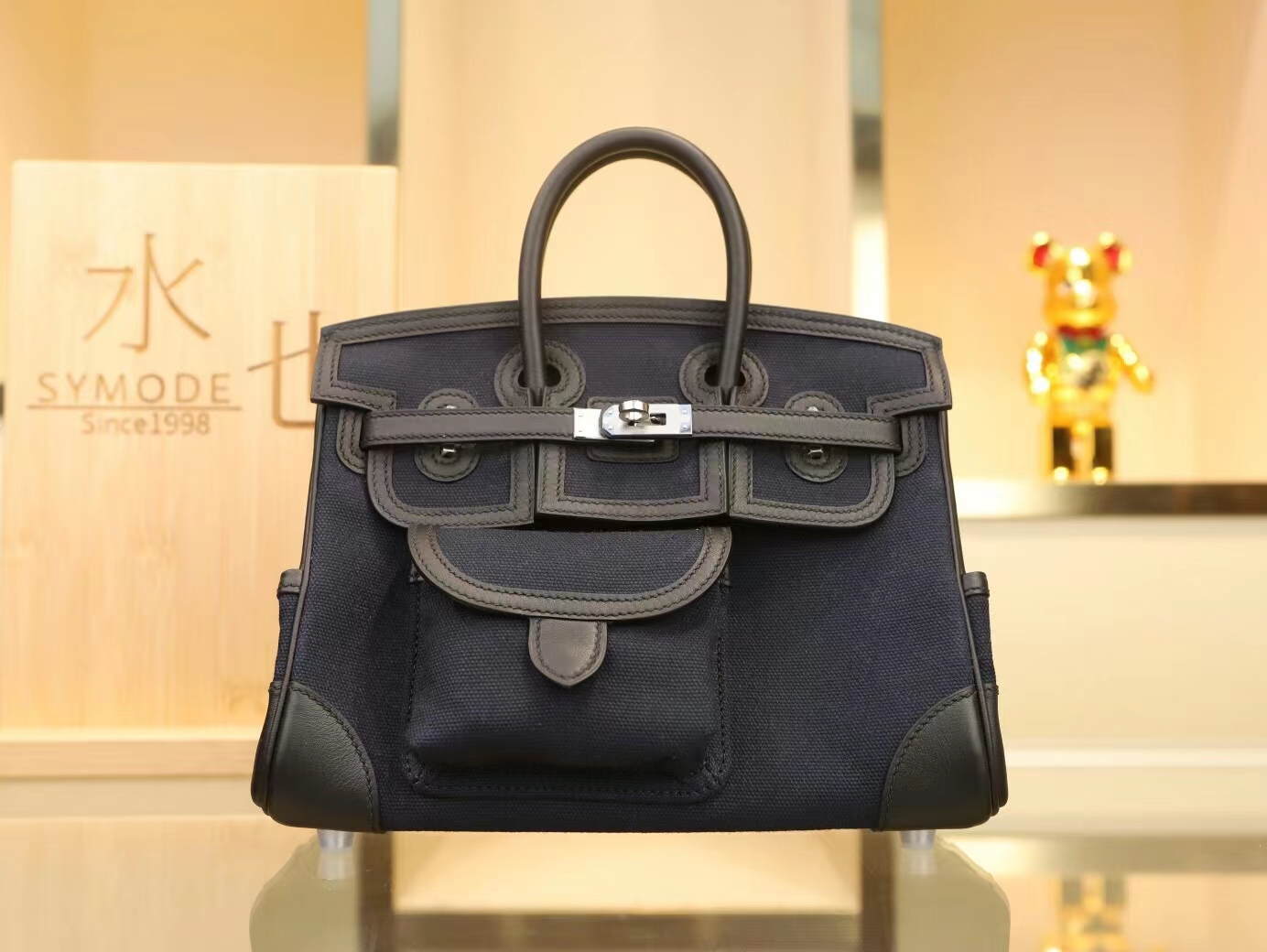Symode Hermes Birkin Cargo25CM深海蓝Toile Goeland帆布拼黑色铂金包