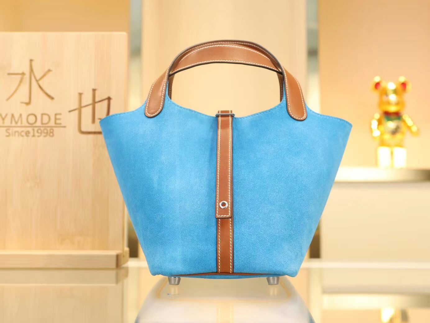 Hermes爱马仕3P Blue atoll环礁蓝麂皮拼金棕马鞍皮菜篮子Picotin Lock18/22CM