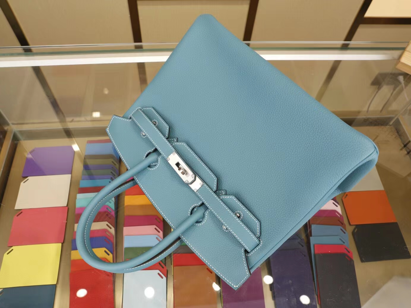 爱马仕铂金包价格 Hermes Birkin30CM CC75牛仔蓝Togo牛皮 金银扣