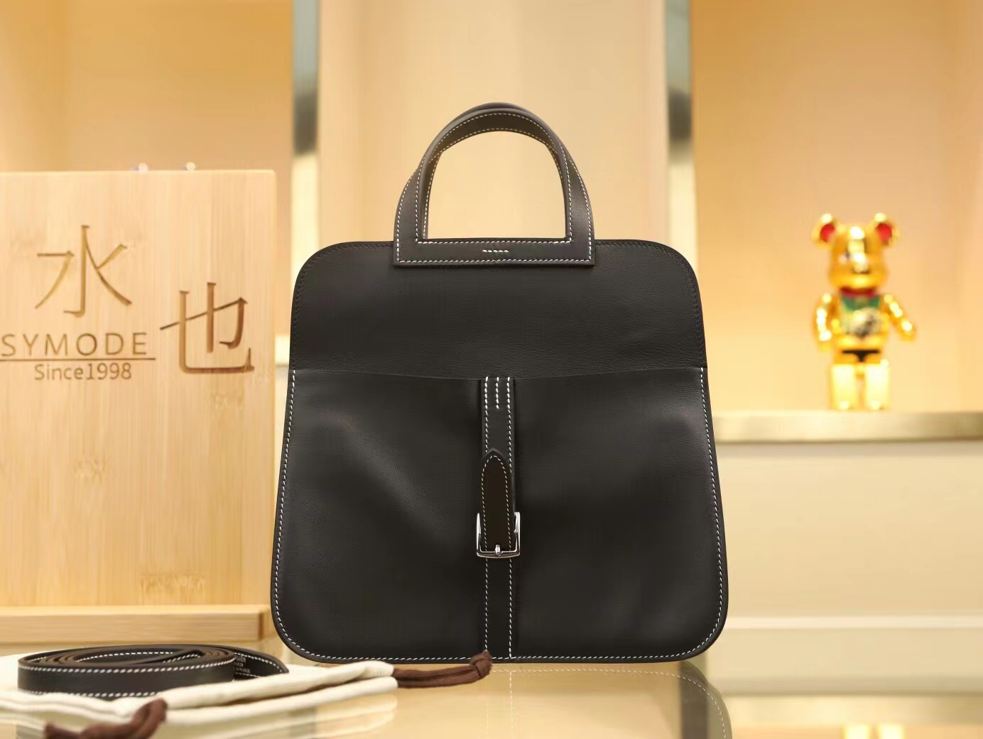 爱马仕包包定制 Hermes Halzan25CM 黑色Swift牛皮白线手提女包