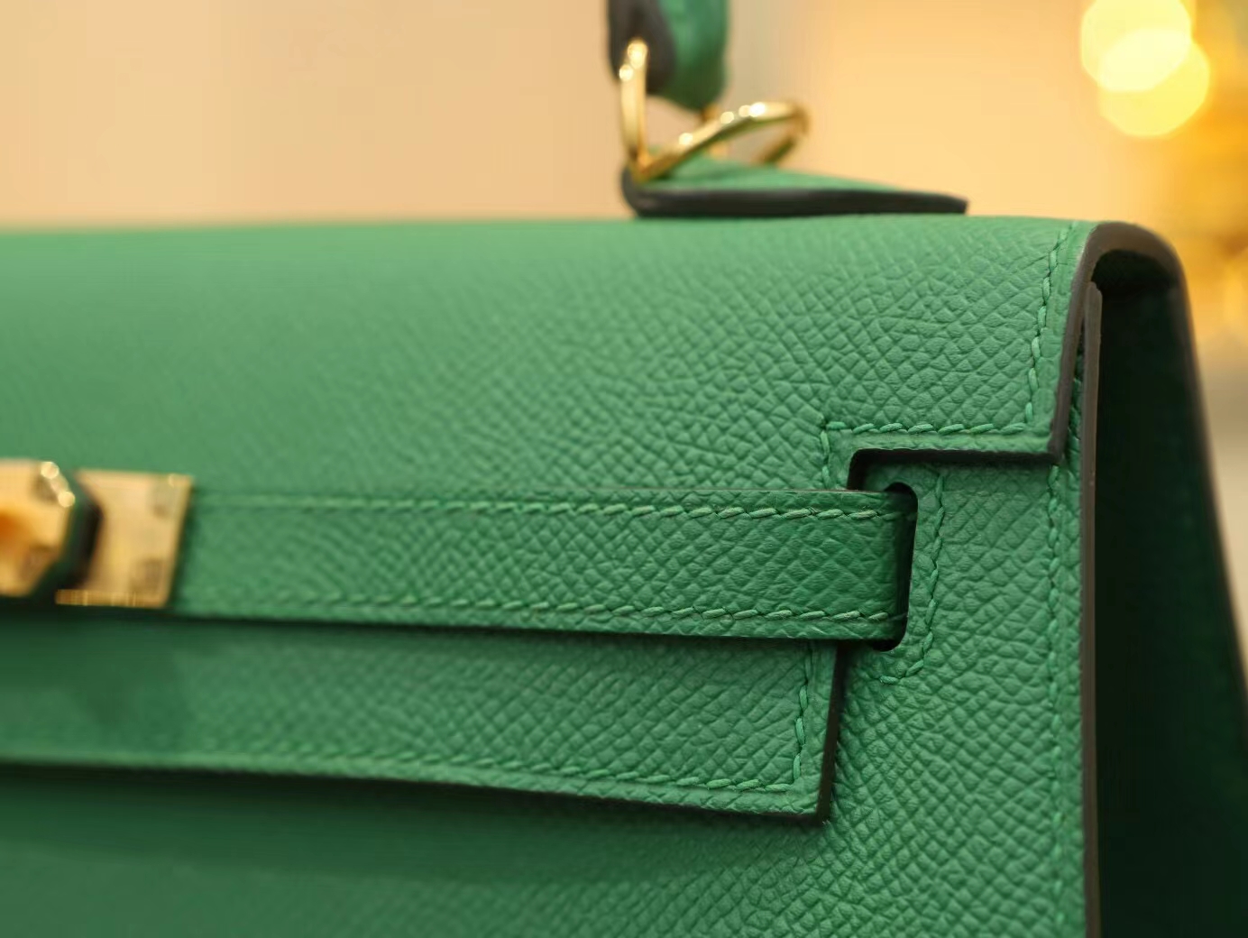 爱马仕Symode Hermes Kelly 25CM U4丝绒绿Epsom皮凯莉包手提包 金扣