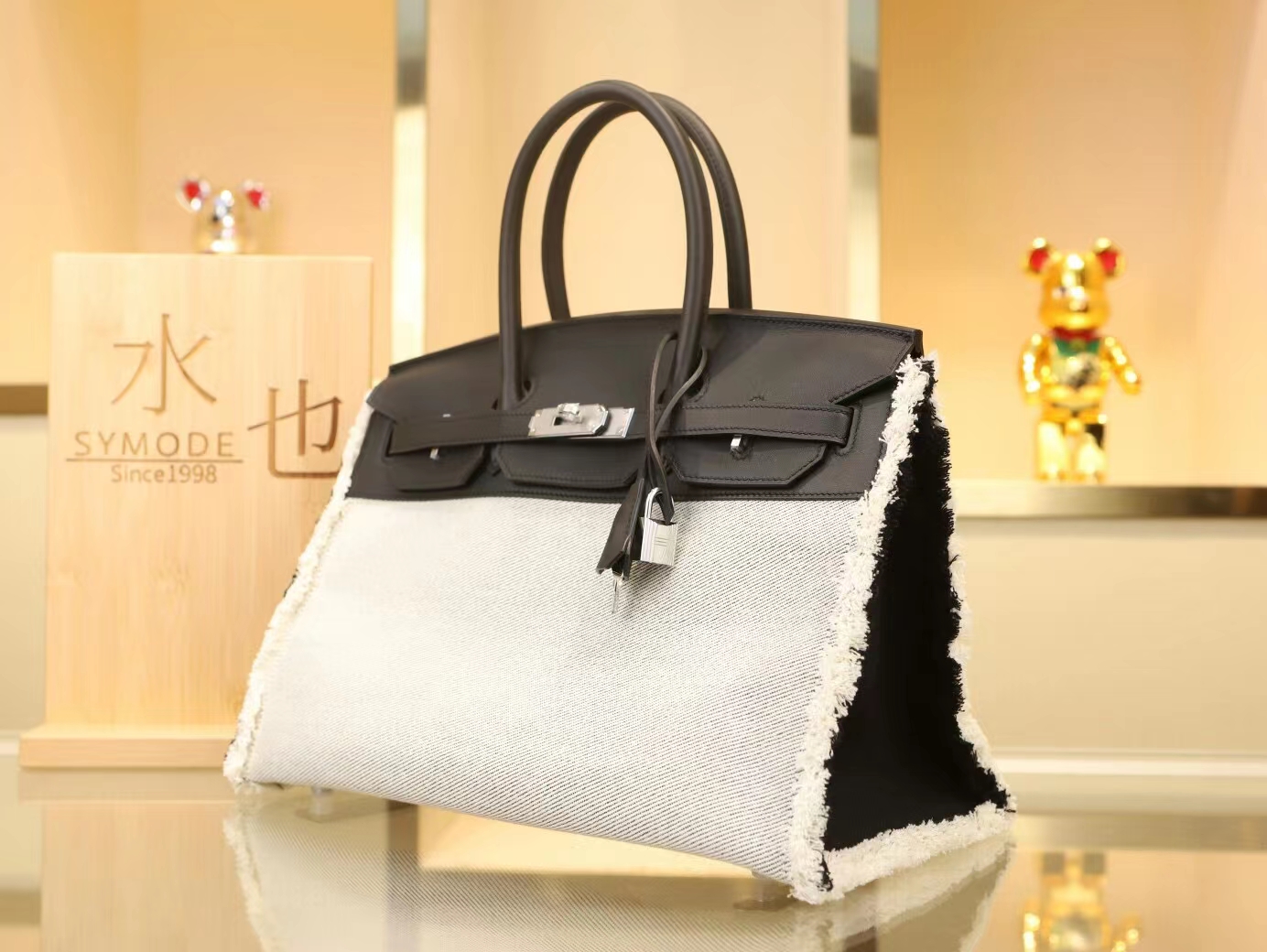Hermes Birkin Fray Fray 35CM 爱马仕白布配黑色牛皮流苏款铂金包 银扣