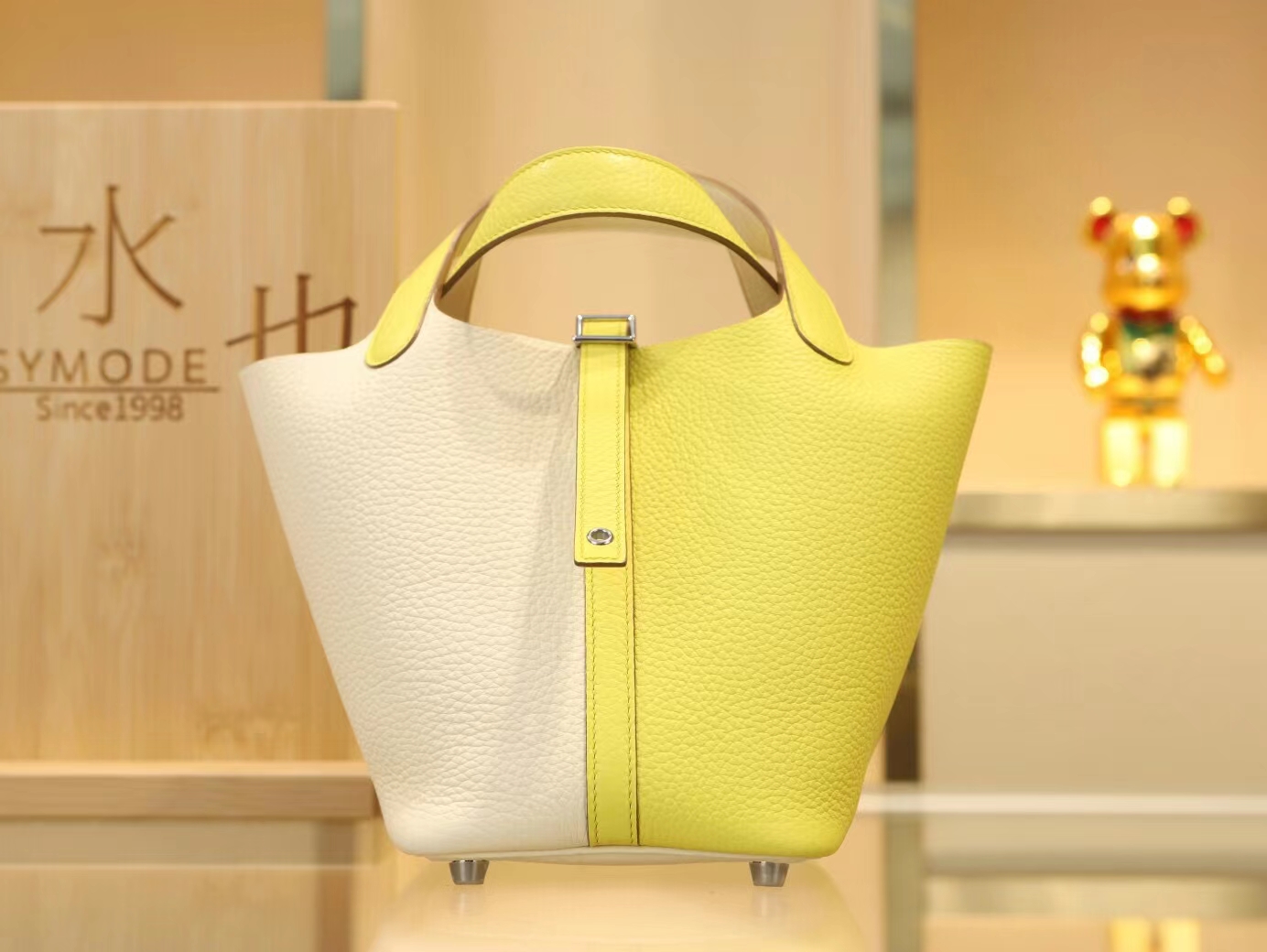 爱马仕菜篮子水桶包 Hermes Picotin Lock18CM 奶油白对拼糖果黄 银扣