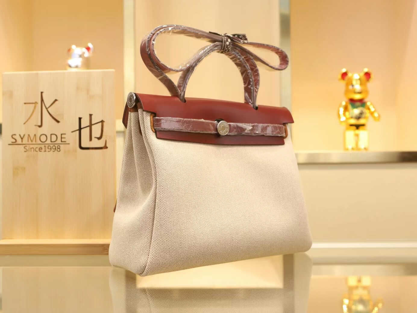 Hermes Herbag 31cm 爱马仕金棕拼酒红帆布拼牛皮手提女包 银扣