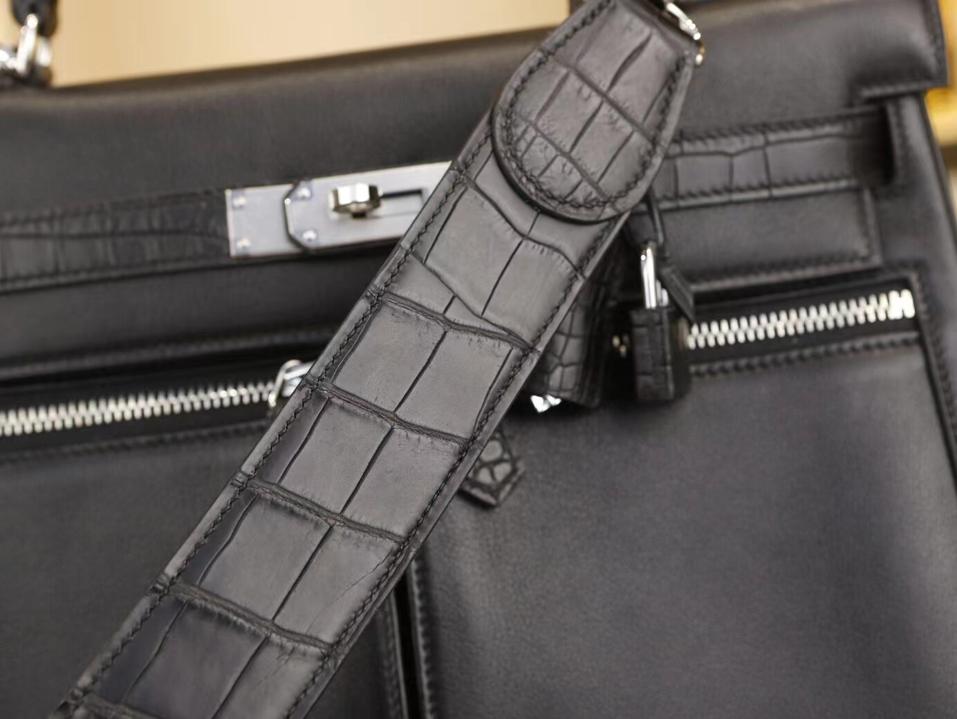 Hermes Kelly Lakis32CM 爱马仕Swift小牛皮拼雾面鳄鱼皮凯莉包 银扣