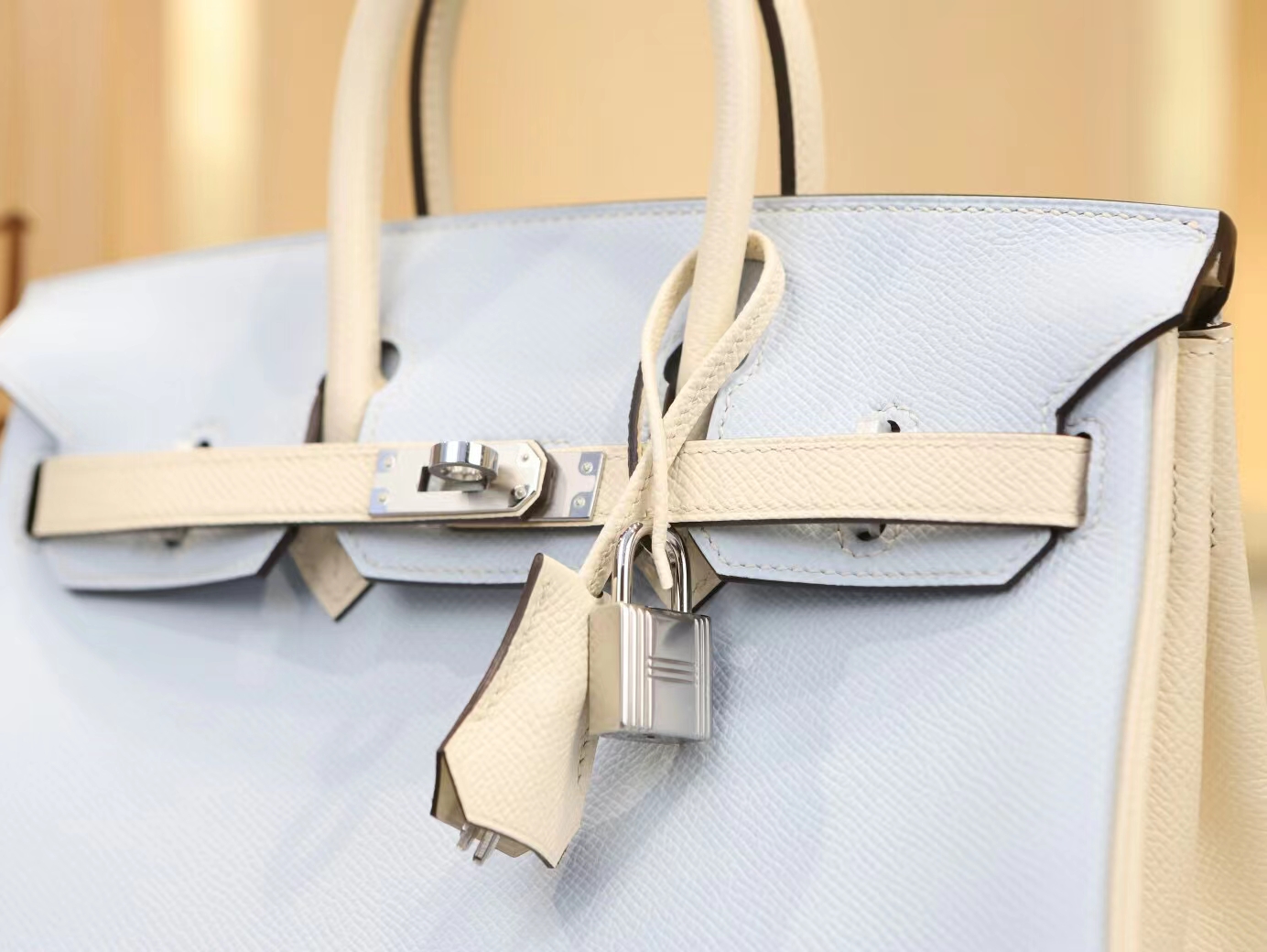 爱马仕Hermes T0圣杯蓝拼I2奶油白Epsom皮铂金包Birkin25CM 银扣