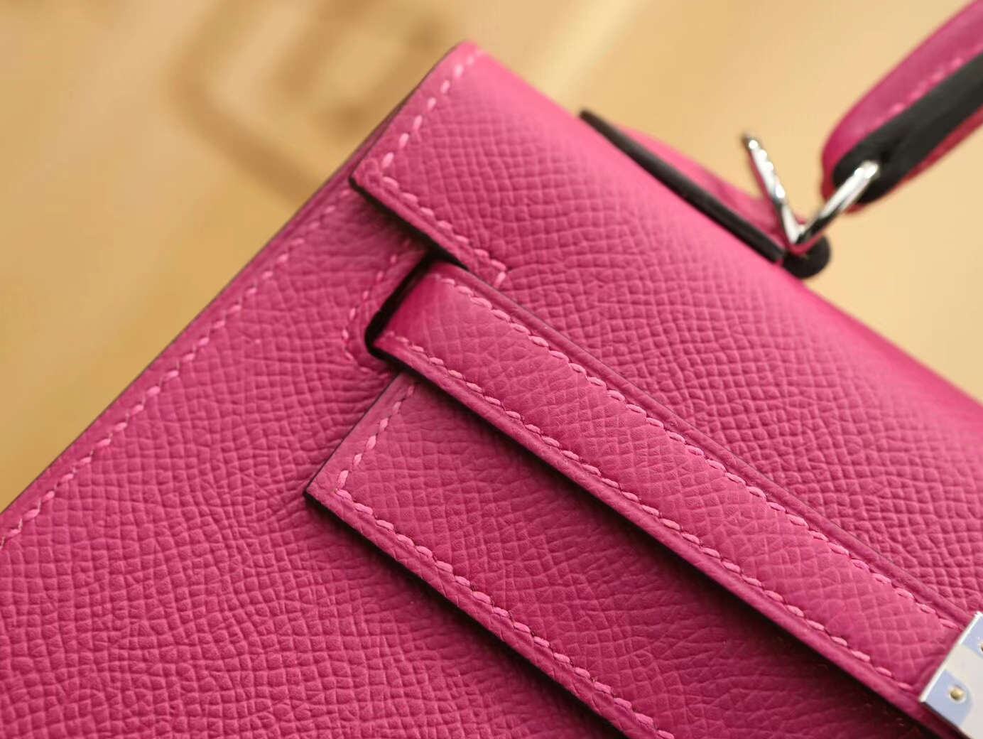 Symode爱马仕Hermes L3玫瑰紫Epsom手掌纹牛皮凯莉包Kelly 25CM 银扣