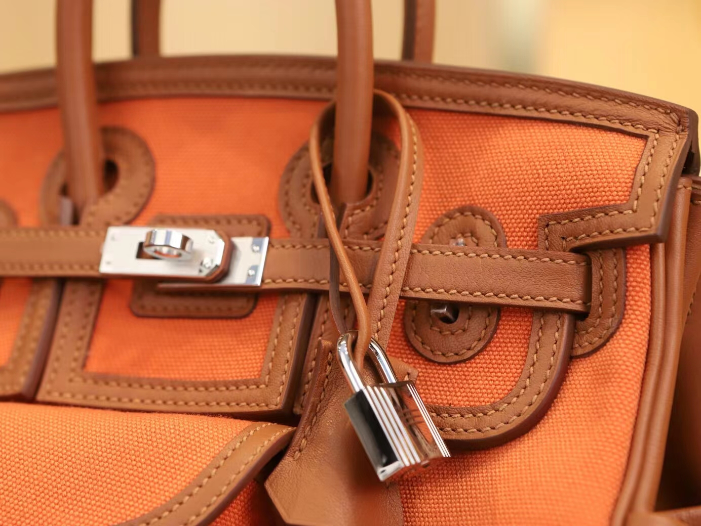 爱马仕帆布铂金包 Hermes Birkin Cargo25CM 橙色帆布拼金棕牛皮 银扣