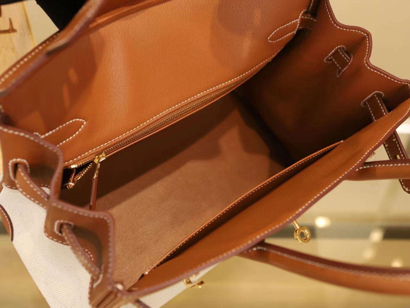 Hermes Birkin30CM 爱马仕帆布拼金棕色马鞍皮铂金包手提女包 金扣