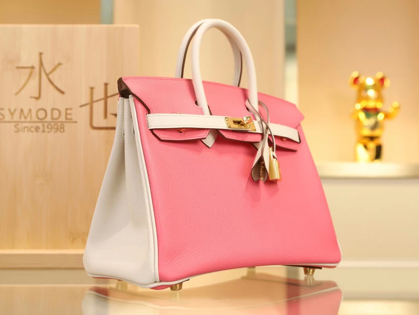Hermes包包批发 爱马仕8W新唇膏粉拼奶昔白铂金包Birkin25CM 金扣