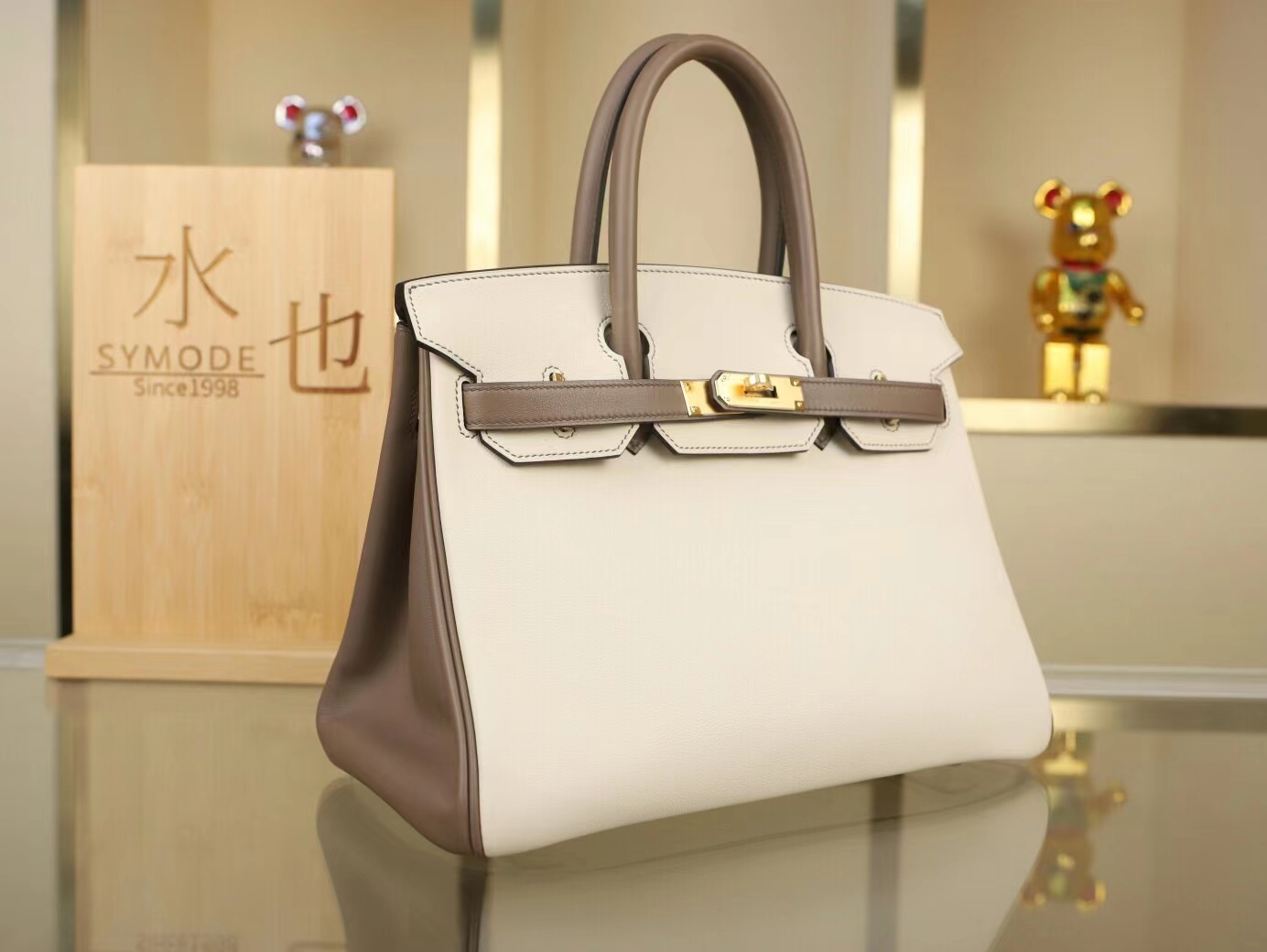 Hermes Birkin30CM 爱马仕奶昔白拼M8沥青灰Swift小牛皮铂金包 金扣