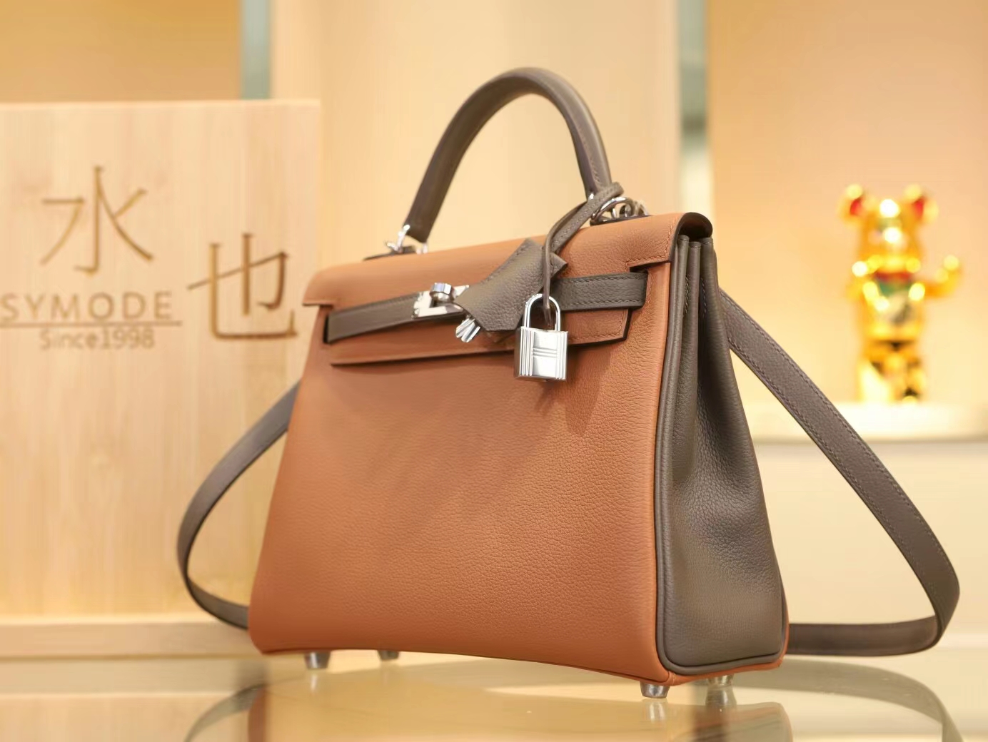 Hermes Kelly25CM 爱马仕金棕色拼8F锡器灰Evercolor皮拼色凯莉包