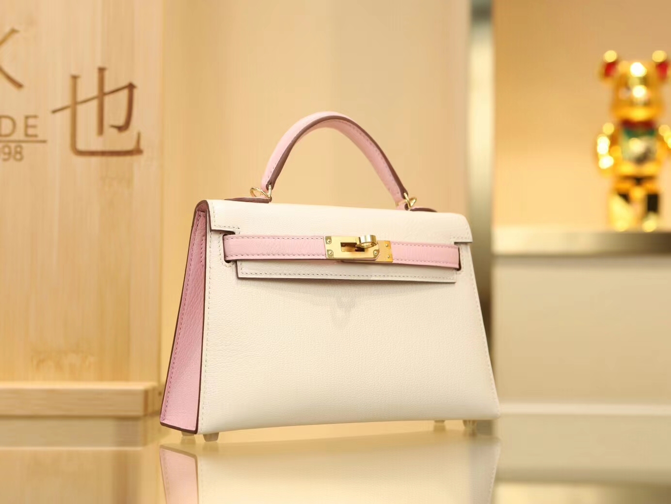 Hermes Mini Kelly 2代 爱马仕I2奶油白拼3Q水粉色山羊皮拼色二代迷你凯莉包