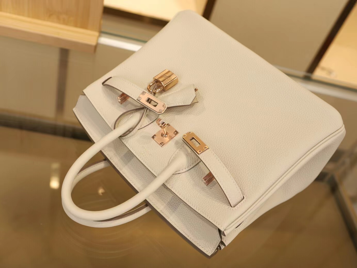 爱马仕铂金包内缝Hermes CC10奶昔白Togo牛皮Birkin25CM 玫瑰金扣