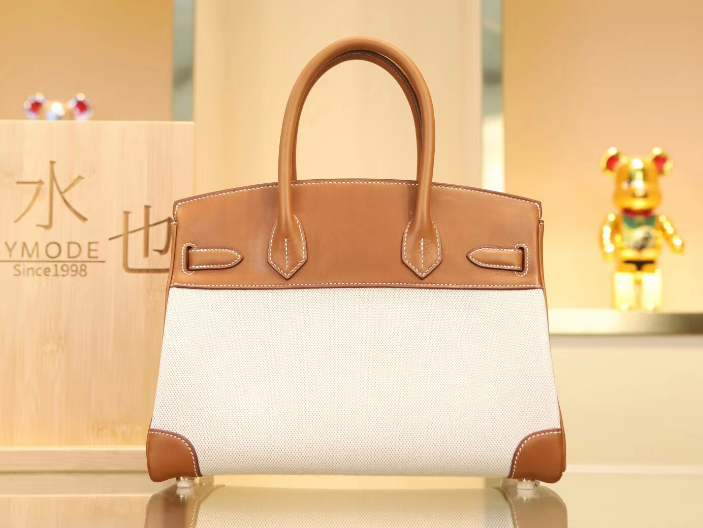 Hermes Birkin30CM 爱马仕帆布拼金棕色马鞍皮铂金包手提女包 金扣