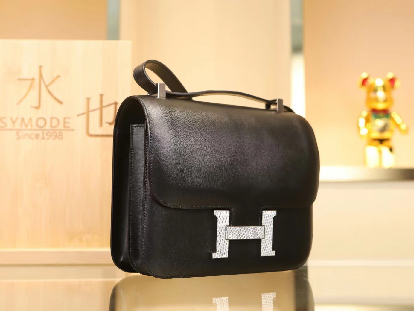 Hermes Constance24CM 爱马仕89黑色Box皮拼雪花蜥蜴扣康斯坦包