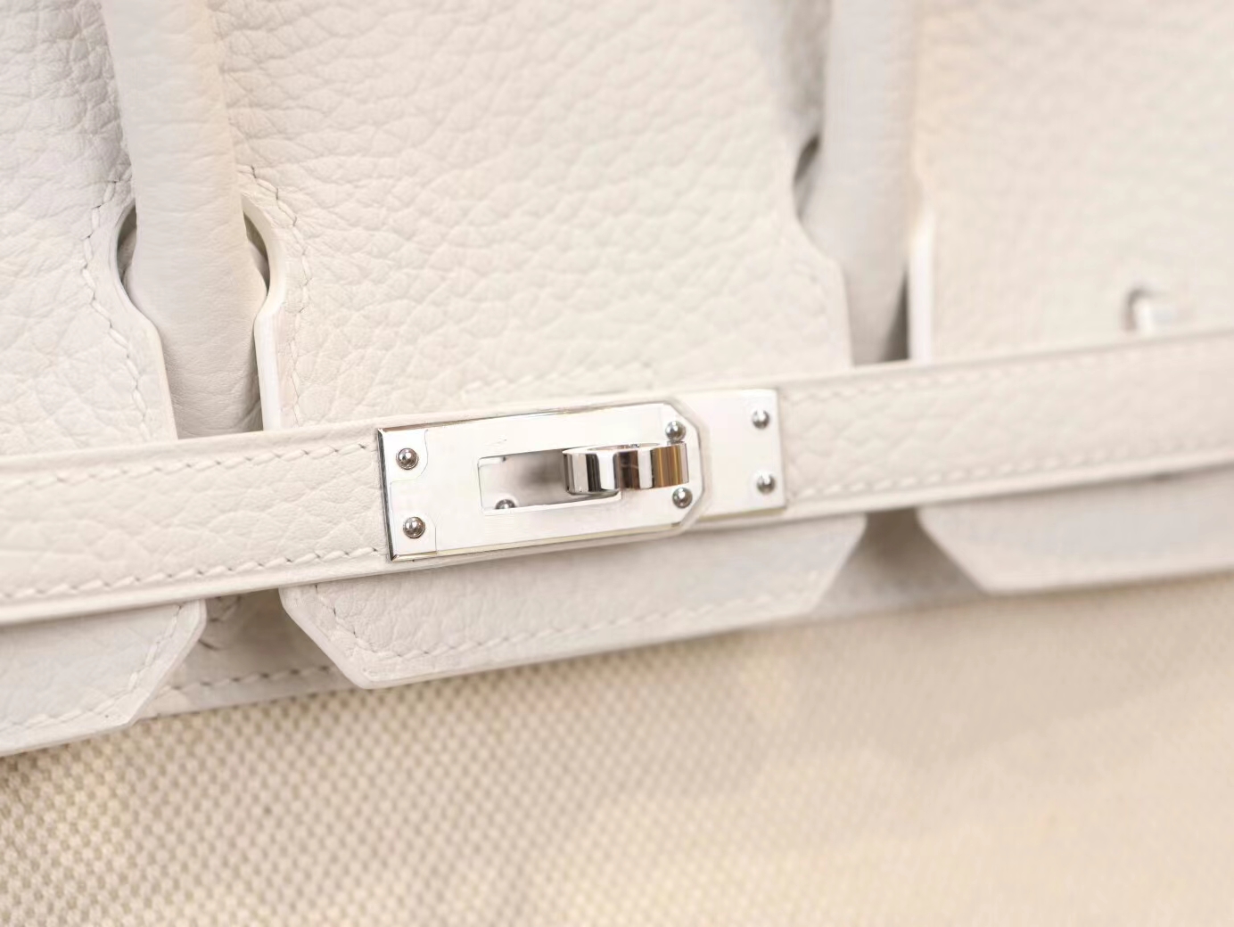 爱马仕女包 Hermes纯白色Togo牛皮拼帆布铂金包Birkin25CM 银扣