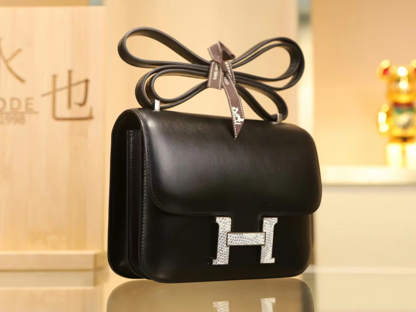 爱马仕Hermes Constance18CM 89黑色Box皮拼雪花蜥蜴扣康斯坦包