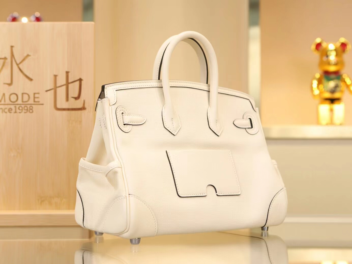 Hermes爱马仕帆布拼皮I2奶油白Nata铂金包Birkin Cargo25CM 银扣